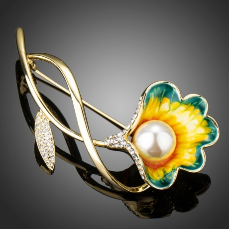 Brož Swarovski Elements Bandini s perlou - květina