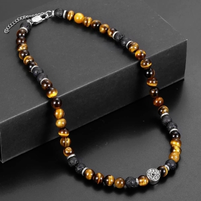 Pánský korálkový náhrdelník Christian - lávový kámen a tygří oko