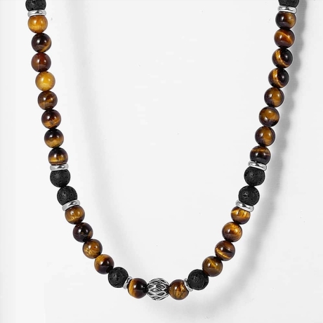 Pánský korálkový náhrdelník Norbert - lávový kámen a tygří oko