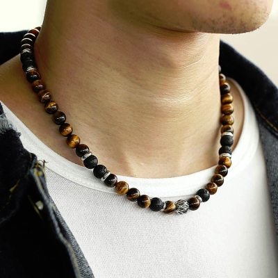Pánský korálkový náhrdelník Norbert - lávový kámen a tygří oko