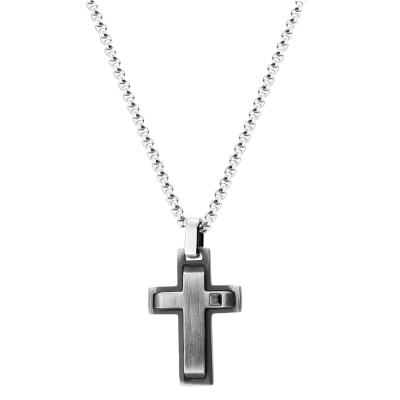 Pánský ocelový náhrdelník Yves s černým zirkonem -  kříž