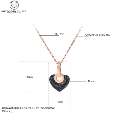 Ocelový náhrdelník se zirkony Dagmara Black - chirurgická ocel, srdíčko