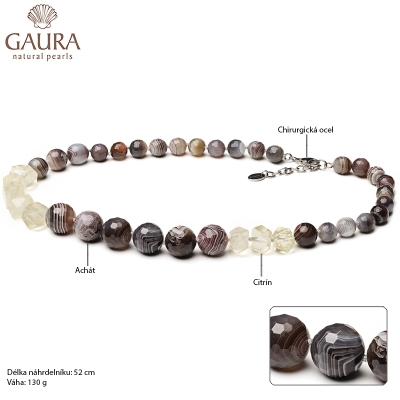 Korálkový náhrdelník Jacinta - přírodní Achát, Citrín | Gaura Pearls