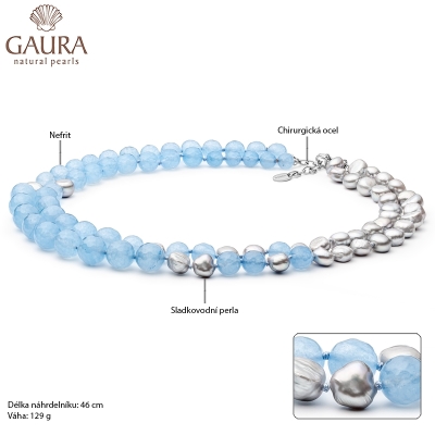 Perlový náhrdelník Bruna - sladkovodní perla, nefrit
