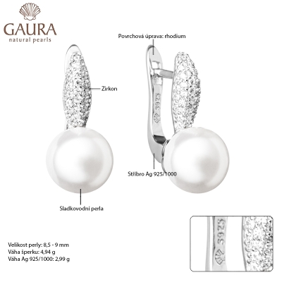 Stříbrné náušnice s řiční perlou a zirkony Jessica, stříbro 925/1000