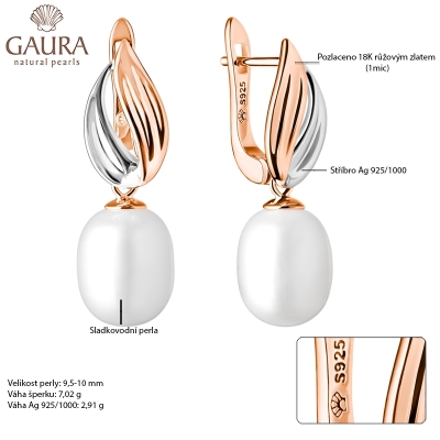 Stříbrné pozlacené náušnice s řiční perlou Lydia Gold | Gaura Pearls