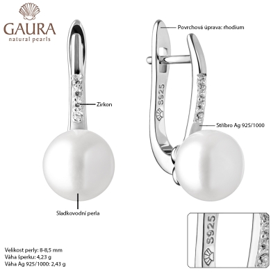 Stříbrné náušnice s bílou perlou a zirkony Amber | Gaura Pearls
