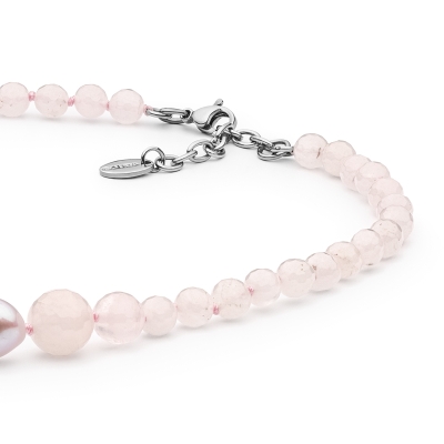 Korálkový náhrdelník Seany - sladkovodní perla, růžový křemen, ocel