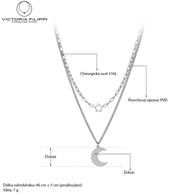 Ocelový náhrdelník Anna - chirurgická ocel, půlměsíc, hvězda