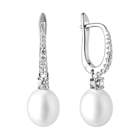 Stříbrné náušnice s bílou perlou a zirkony Olia | Gaura Pearls