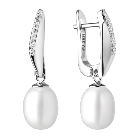 Stříbrné náušnice s bílou perlou a zirkony Pamela | Gaura Pearls