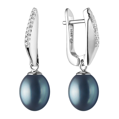 Stříbrné náušnice s černou perlou a zirkony Pamela | Gaura Pearls