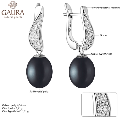 Stříbrné náušnice s černou perlou a zirkony Juana, stříbro 925/1000