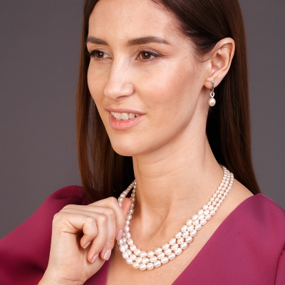 Trojřadý perlový náhrdelník Caitlin - pravá perla, stříbro 925/1000