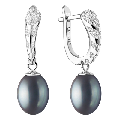 Stříbrné náušnice s perlou a zirkony Lucy Black, stříbro 925/1000