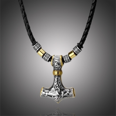 Pánský náhrdelník Thórovo kladivo - MJOLNIR - kůže, chirurgická ocel