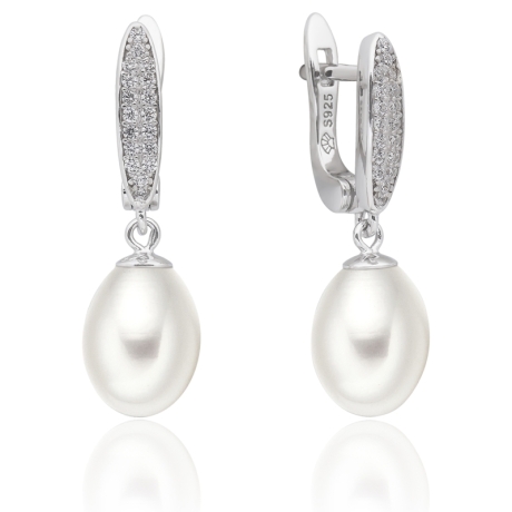 Stříbrné náušnice s bílou perlou a zirkony Linda, stříbro 925/1000