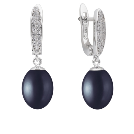 Stříbrné náušnice s černou perlou a zirkony Linda, stříbro 925/1000