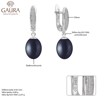 Stříbrné náušnice s černou perlou a zirkony Linda, stříbro 925/1000
