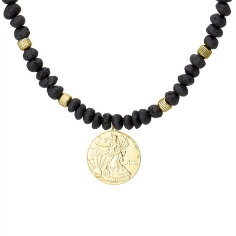 Korálkový náhrdelník Fabio Gold - lávový kámen, americká mince Liberty