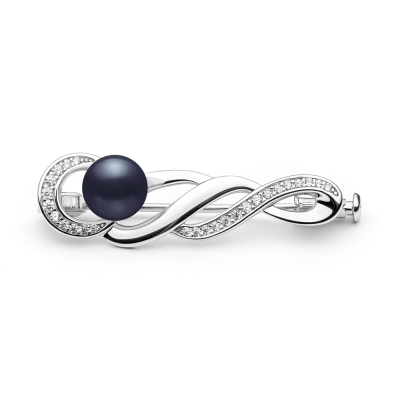 Stříbrná brož s černou říční perlou a zirkony Jess, stříbro 925/1000