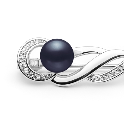 Stříbrná brož s černou říční perlou a zirkony Jess, stříbro 925/1000