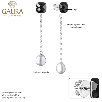 Stříbrné náušnice s šedou perlou a onyxem Aurelie, stříbro 925/1000
