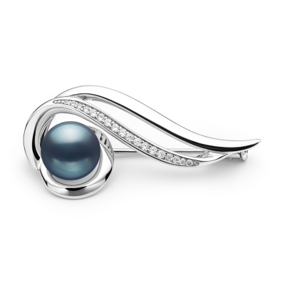Stříbrná brož s řiční perlou a zirkony Rachel Black, stříbro 925/1000