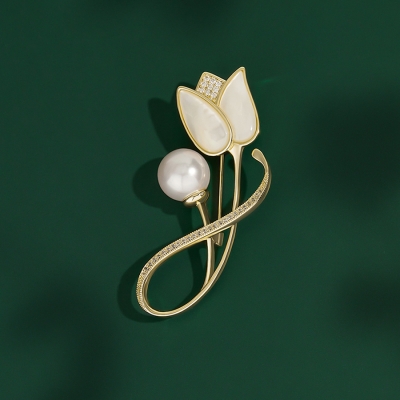 Brož s perlou a zirkony Colette - tulipán