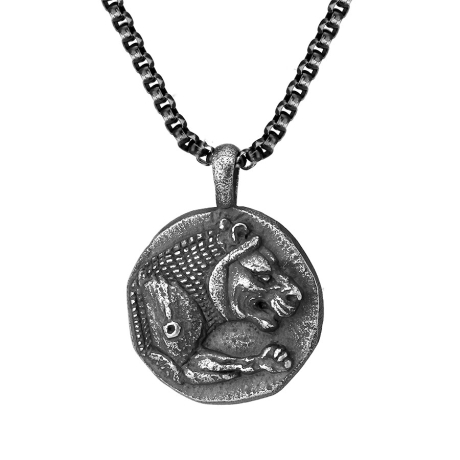 Ocelový náhrdelník Thomas - starožitná mince se lvem