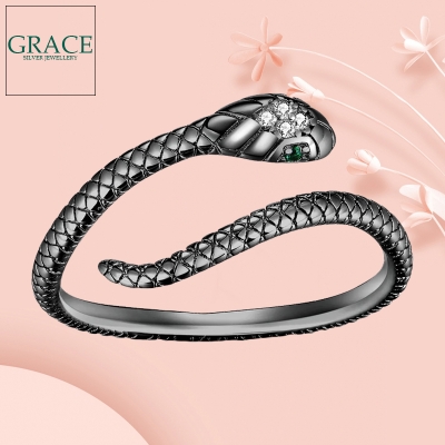 Stříbrný prsten Graceful Snake Black, stříbro 925/1000, had