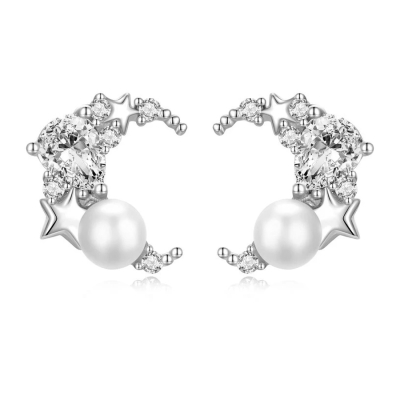 Stříbrné náušnice s perlou Moon & Pearl, stříbro 925/1000