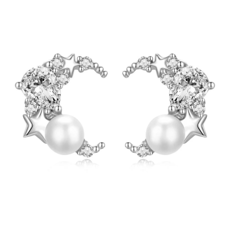 Stříbrné náušnice s perlou Moon & Pearl, stříbro 925/1000