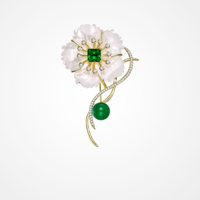 Luxusní smaragdová brož Swarovski Elements Noa - květina, perleť
