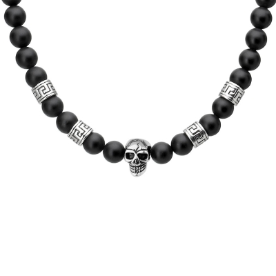 Korálkový rockový náhrdelník s lebkou Ethan - řecký meandr, černý onyx