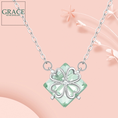 Stříbrný náhrdelník Čtyřlístek pro štěstí - stříbro 925/1000, zelený krystal