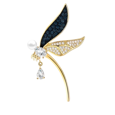 Luxusní brož s perlou a zirkony Magdalena Gold - vážka