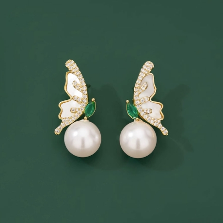 Náušnice s bílou perlou a zirkony Catarina - motýl