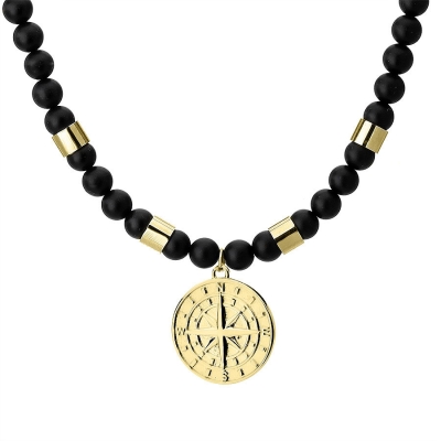 Pánský korálkový náhrdelník Diego Gold - přírodní onyx, větrná růžice