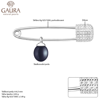 Stříbrná brož s řiční perlou a zirkony Spínací špendlík, stříbro 925/1000