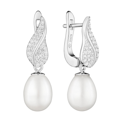 Stříbrné náušnice s bílou perlou a zirkony, stříbro 925/1000