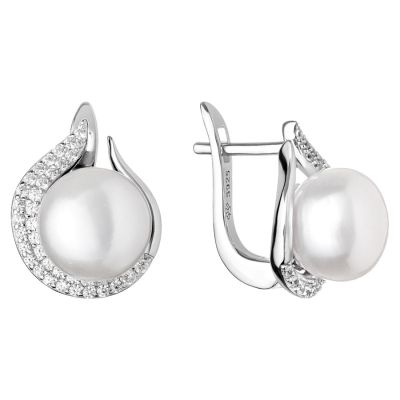Stříbrné náušnice s bílou perlou a zirkony, stříbro 925/1000