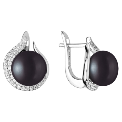 Stříbrné náušnice s černou perlou a zirkony, stříbro 925/1000