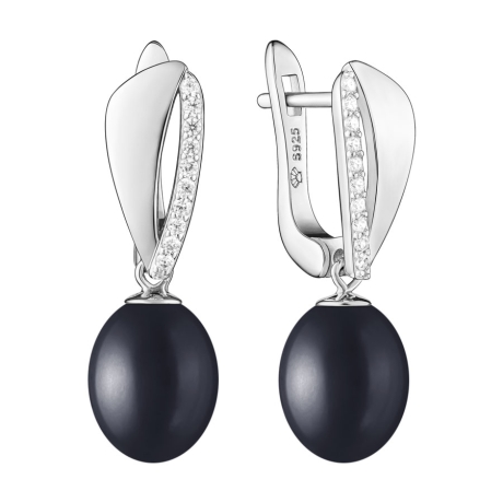 Stříbrné náušnice s černou perlou a zirkony, stříbro 925/1000