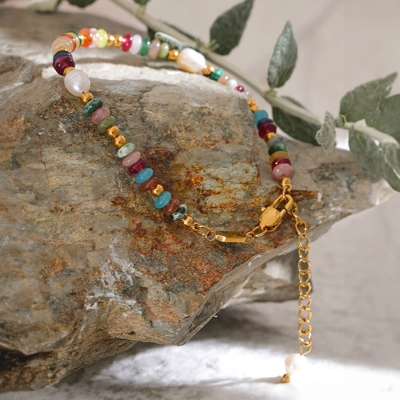 Korálkový náramek s perlou a přírodními kameny, chirurgická ocel