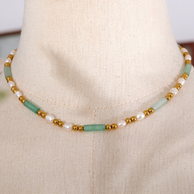 Korálkový náhrdelník pravé perly a avanturín, chirurgická ocel
