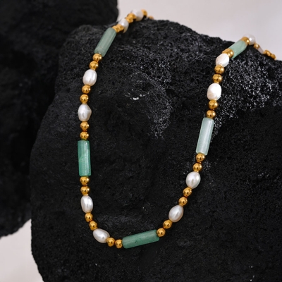 Korálkový náhrdelník pravé perly a avanturín, chirurgická ocel