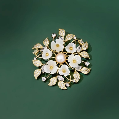 Luxusní brož s perlou a zirkony Emidia, květina