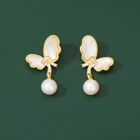 Náušnice s perlou a zirkony Daria - motýl