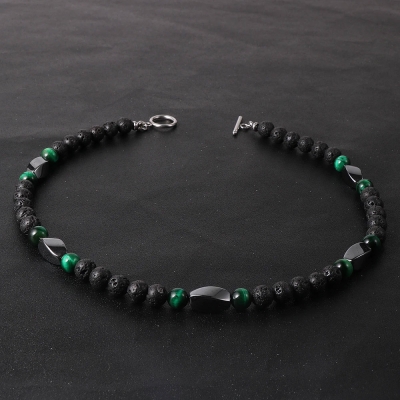 Pánský náhrdelník Mateo - lávový kámen, zelené tygří oko